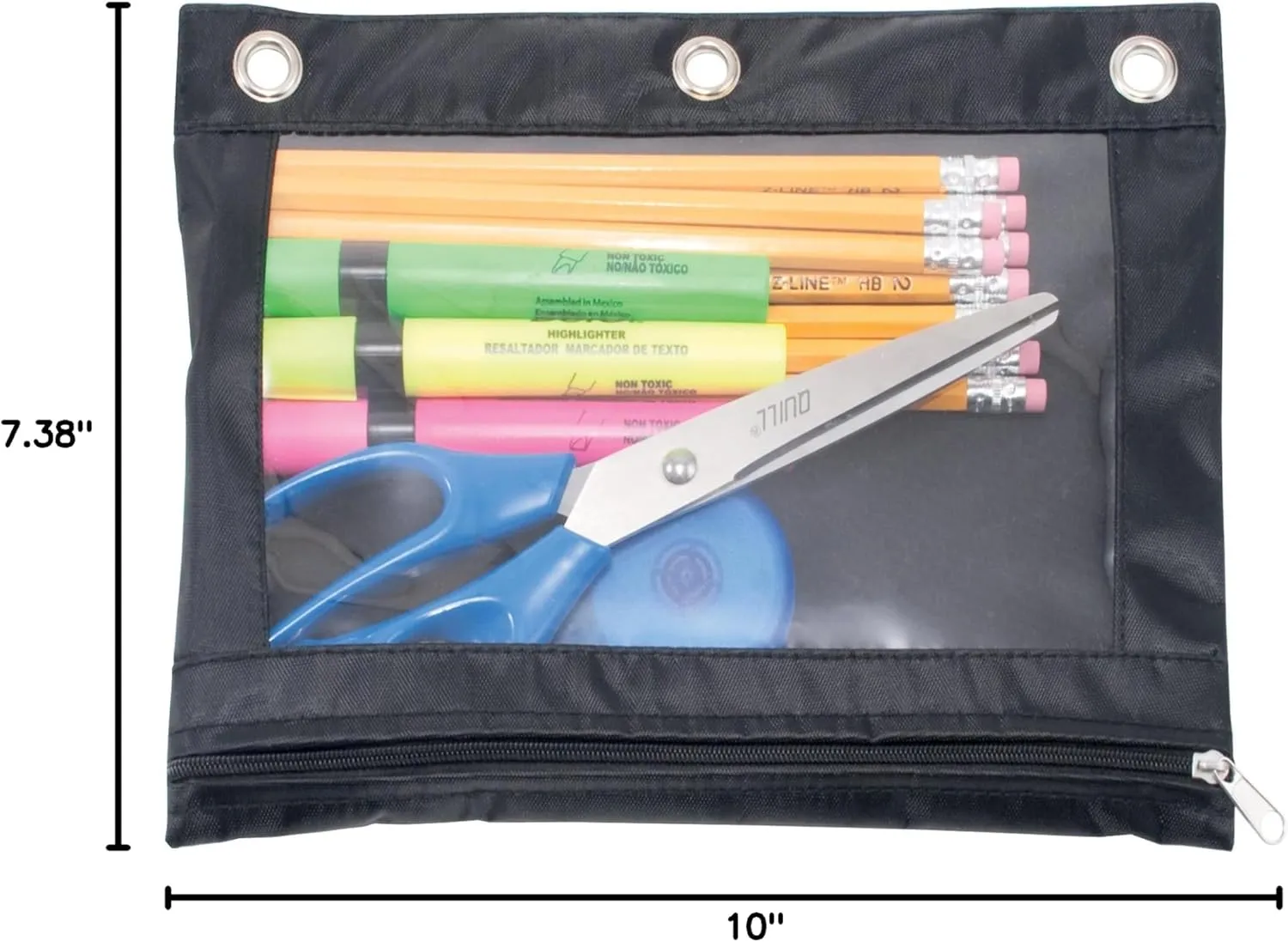 ADVANTUS Zippered Binder Pencil Pouch with Rivets, 7-3/8" x 10", Black with Clear Front, Pack of 3 (63067)