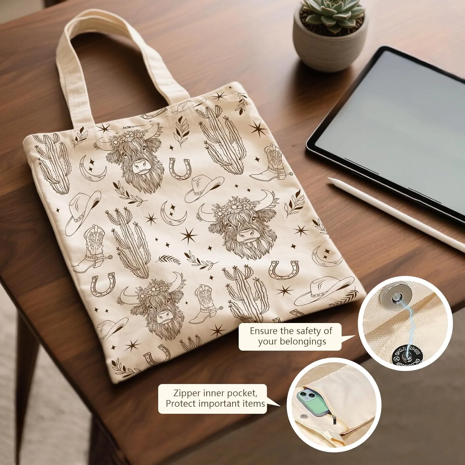 Aesthetic Canvas Tote Bag for Women - with Magnetic Snap Closure & Zipper Inner Pocket Reusable Totes Bag