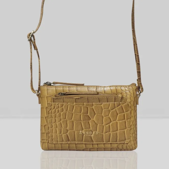 Aria Mustard Croc Real Leather Crossbody Bag & Wallet Set