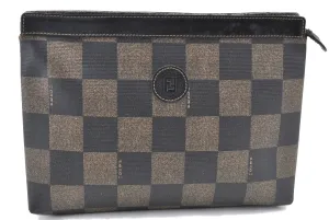 Authentic FENDI Check Clutch Bag Purse PVC Leather Brown Black J0105