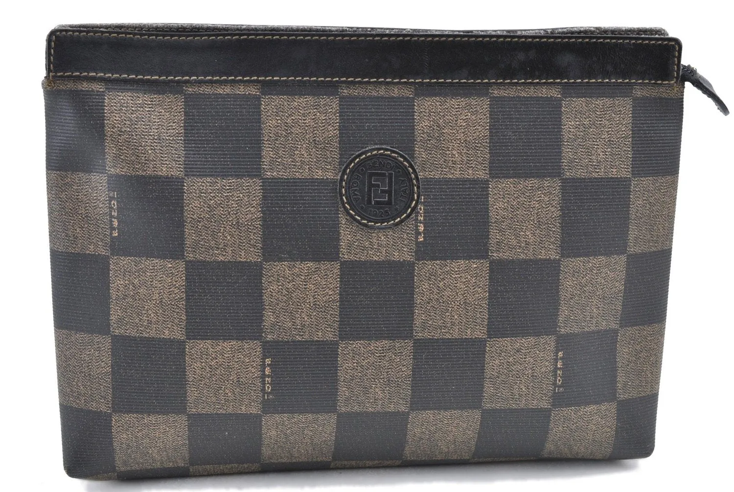 Authentic FENDI Check Clutch Bag Purse PVC Leather Brown Black J0105