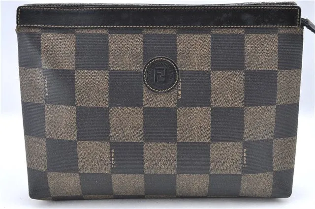 Authentic FENDI Check Clutch Bag Purse PVC Leather Brown Black J0105