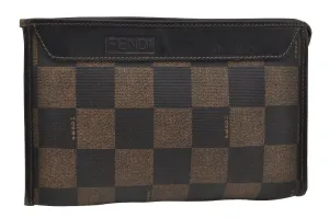 Authentic FENDI Pequin Check Clutch Hand Bag Purse PVC Leather Brown Black 0639J