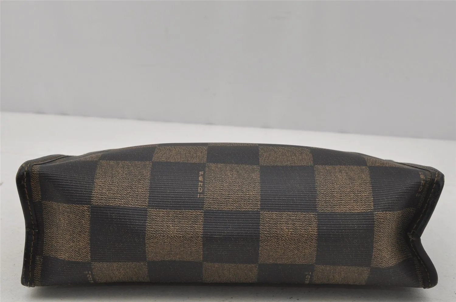 Authentic FENDI Pequin Check Clutch Hand Bag Purse PVC Leather Brown Black 0639J
