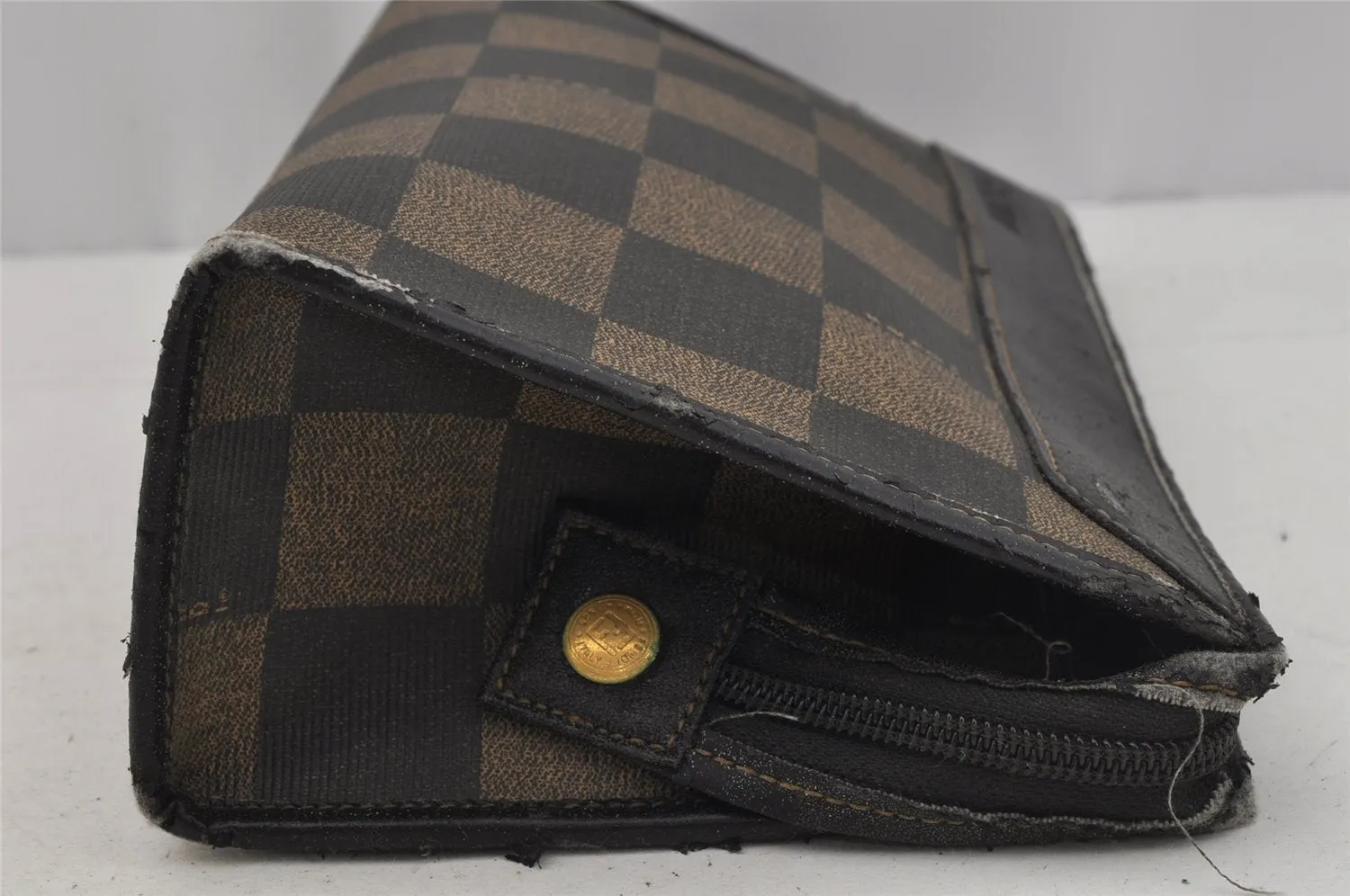 Authentic FENDI Pequin Check Clutch Hand Bag PVC Leather Brown Black Junk 0839J