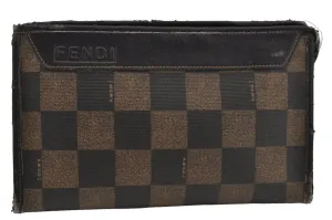 Authentic FENDI Pequin Check Clutch Hand Bag PVC Leather Brown Black Junk 0839J