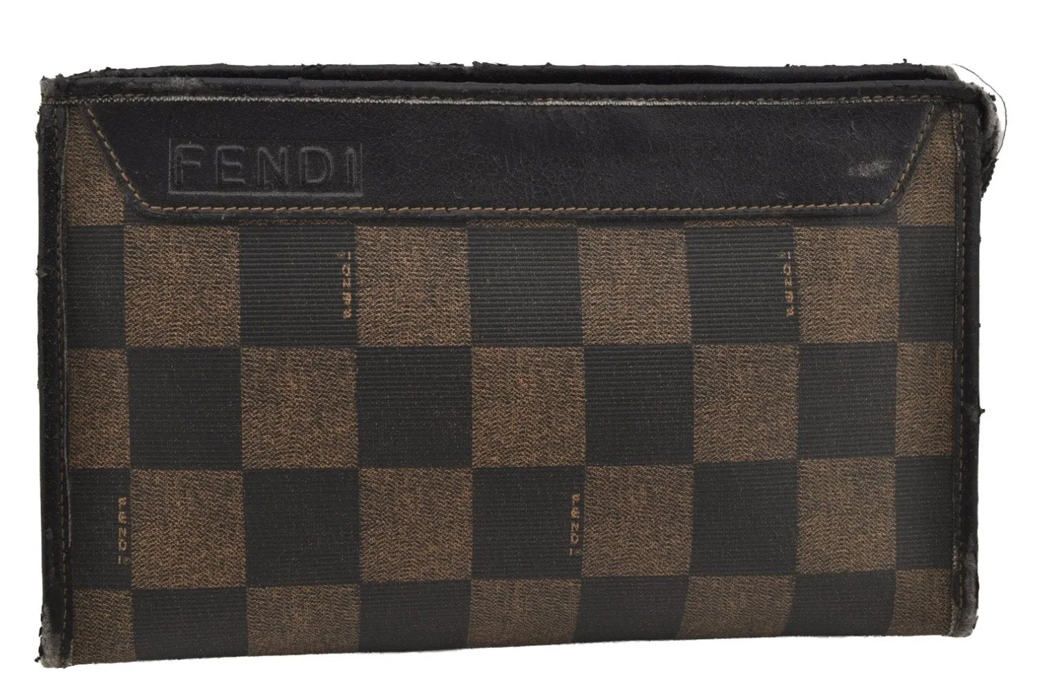 Authentic FENDI Pequin Check Clutch Hand Bag PVC Leather Brown Black Junk 0839J
