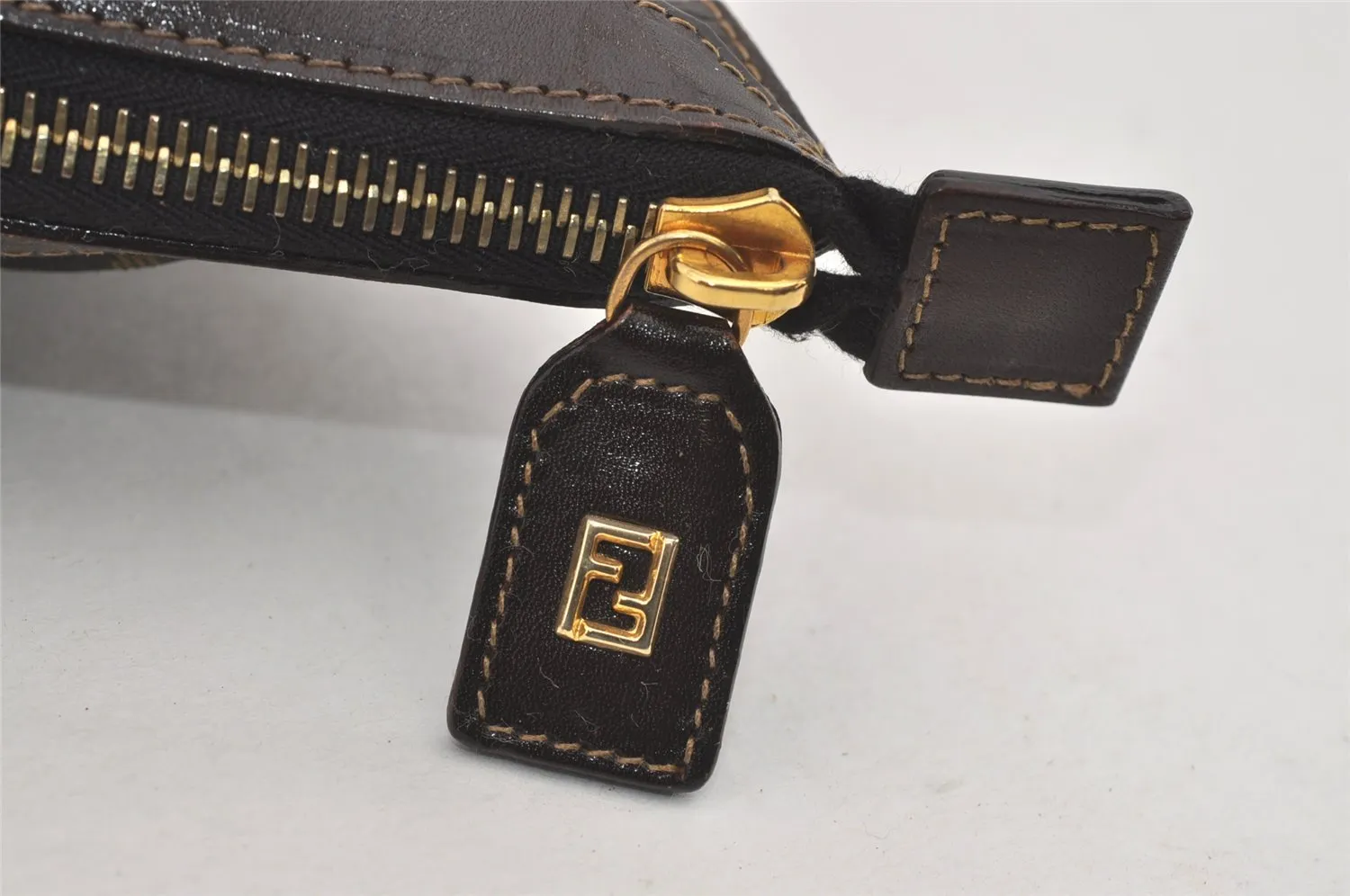 Authentic FENDI Zucca Clutch Hand Bag Purse Nylon Leather Brown Black 2265I