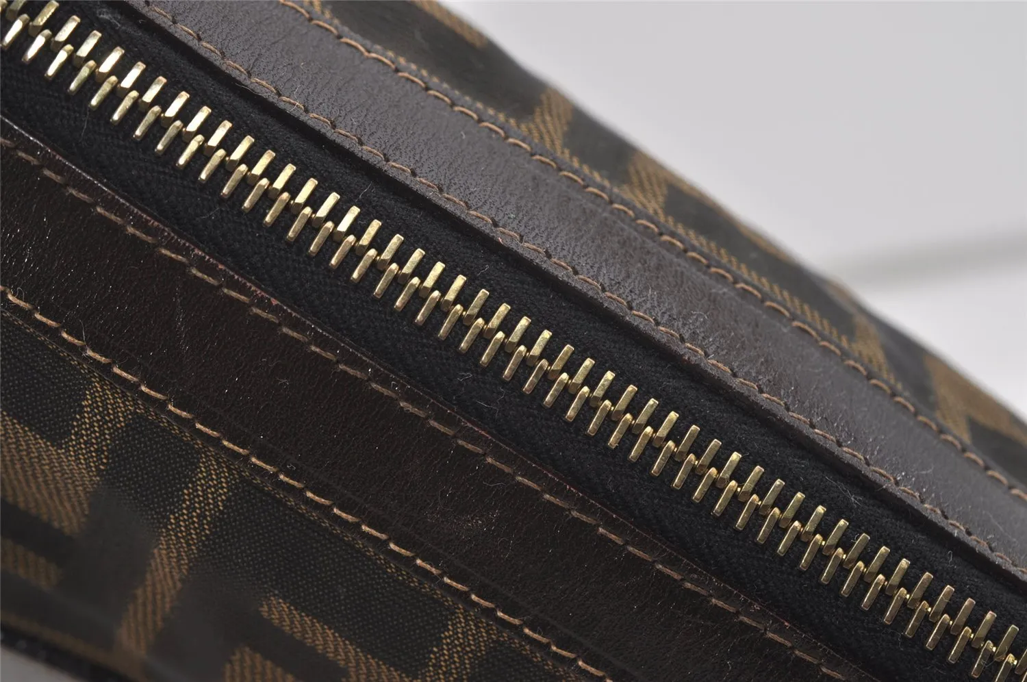 Authentic FENDI Zucca Clutch Hand Bag Purse Nylon Leather Brown Black 2265I