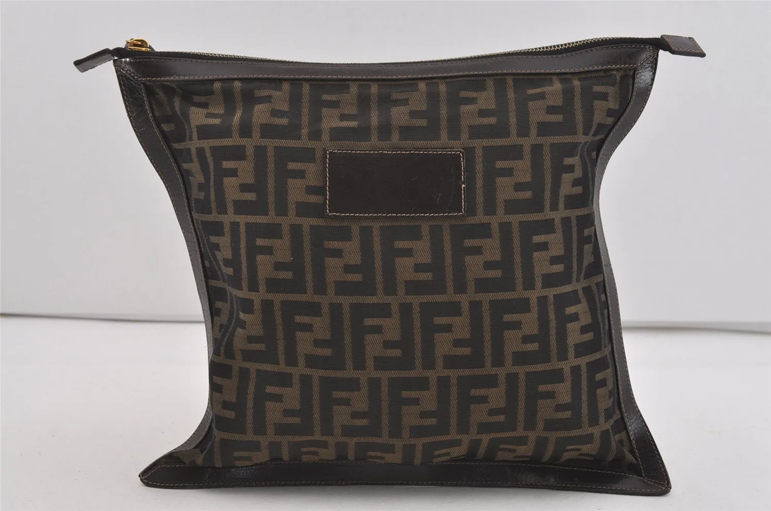 Authentic FENDI Zucca Clutch Hand Bag Purse Nylon Leather Brown Black 2265I