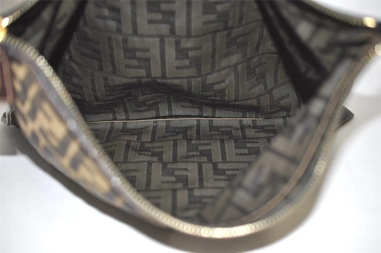 Authentic FENDI Zucca Clutch Hand Bag Purse Nylon Leather Brown Black 2265I