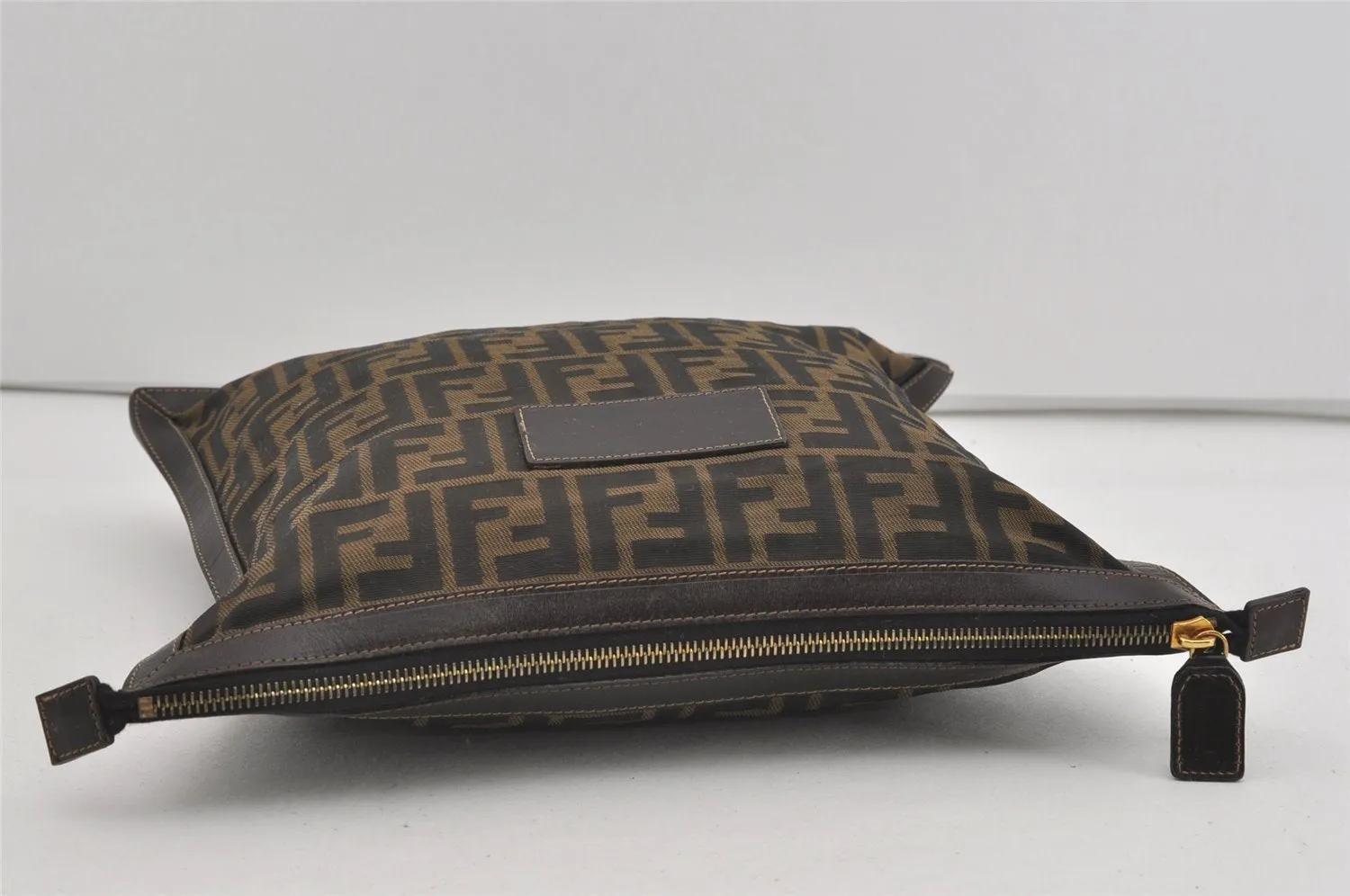 Authentic FENDI Zucca Clutch Hand Bag Purse Nylon Leather Brown Black 2265I