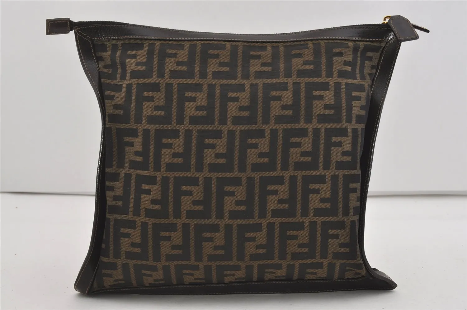 Authentic FENDI Zucca Clutch Hand Bag Purse Nylon Leather Brown Black 2265I