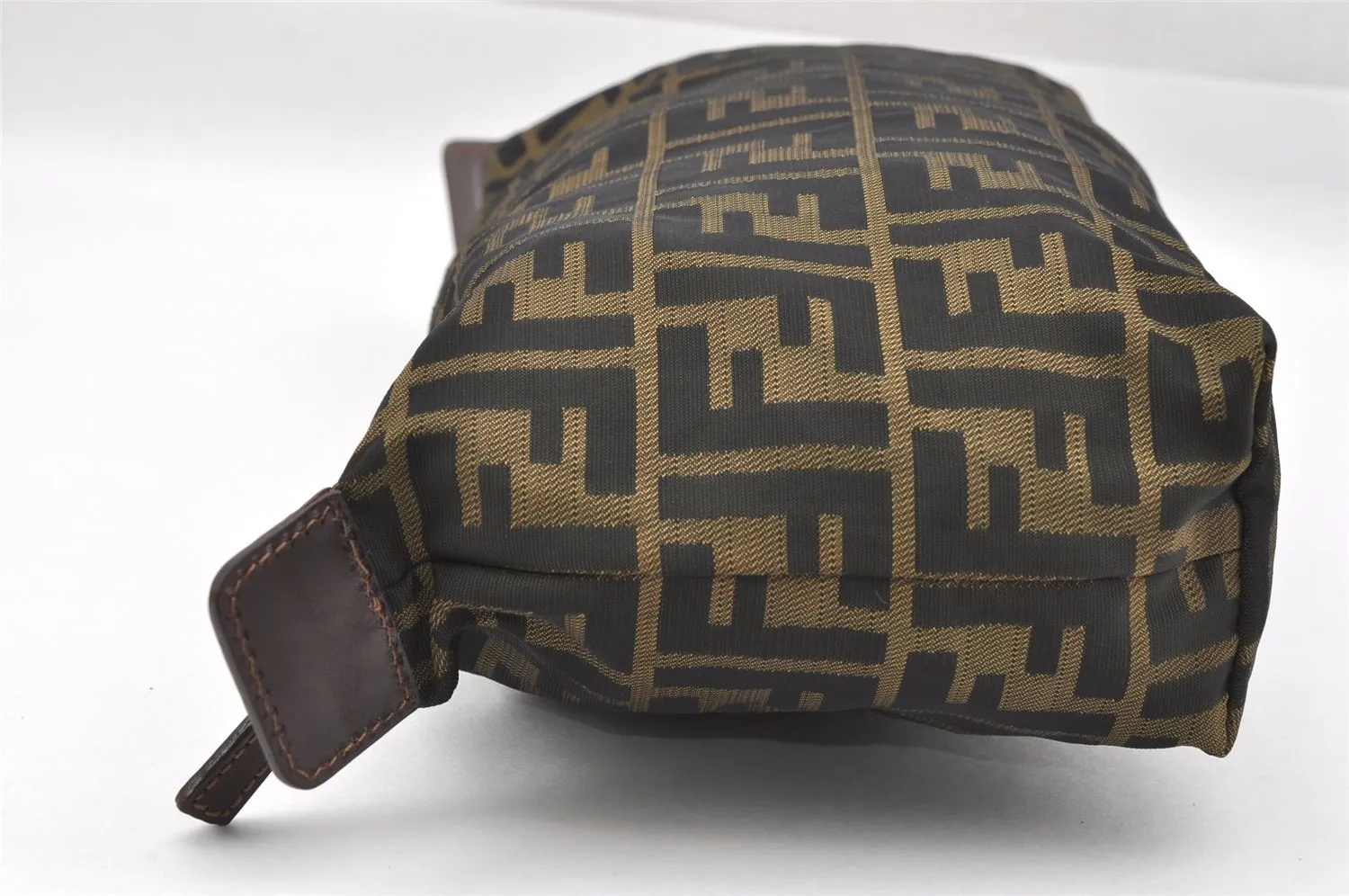Authentic FENDI Zucca Clutch Hand Bag Purse Nylon Leather Brown Black 6686I