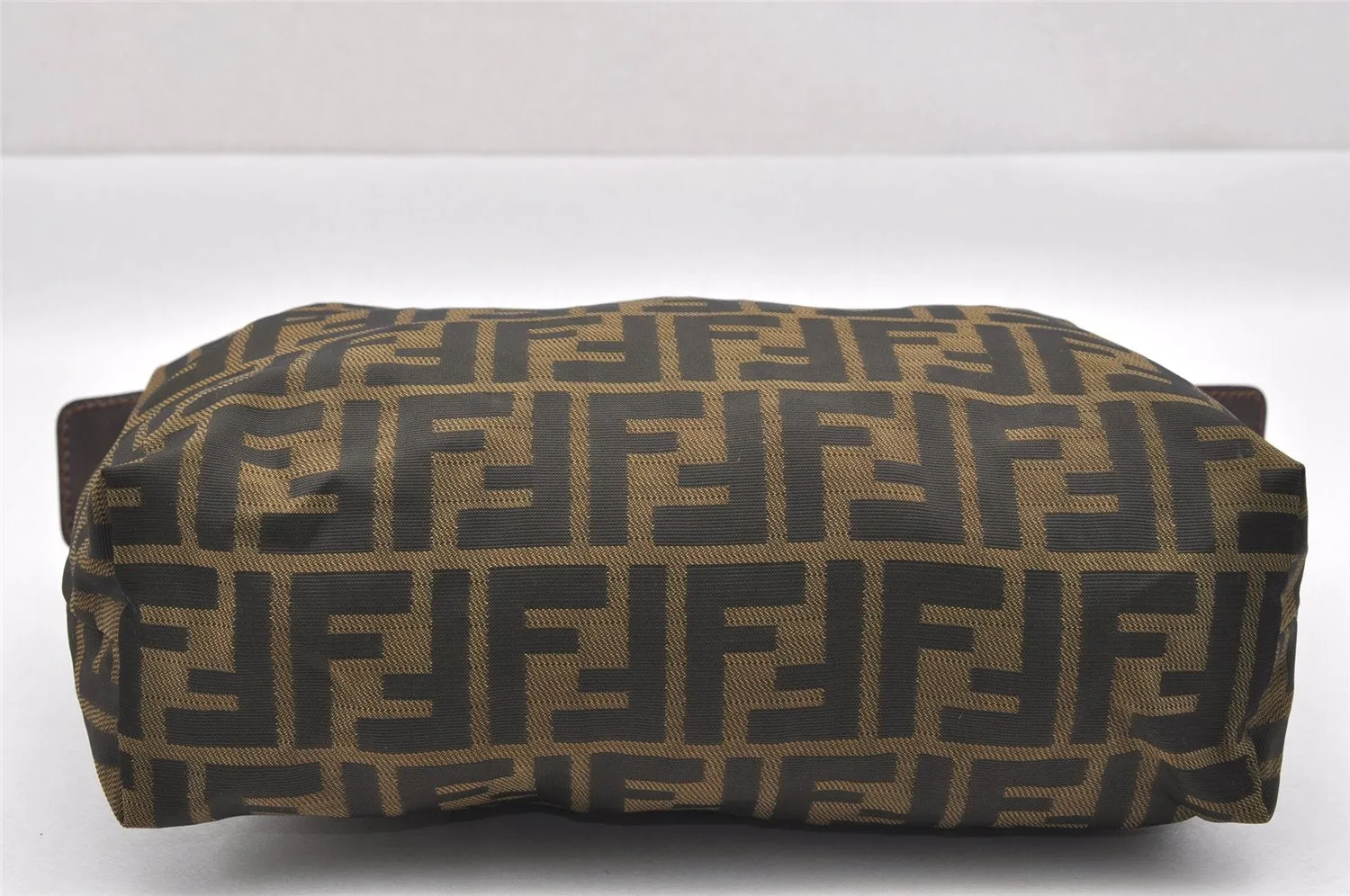 Authentic FENDI Zucca Clutch Hand Bag Purse Nylon Leather Brown Black 6686I