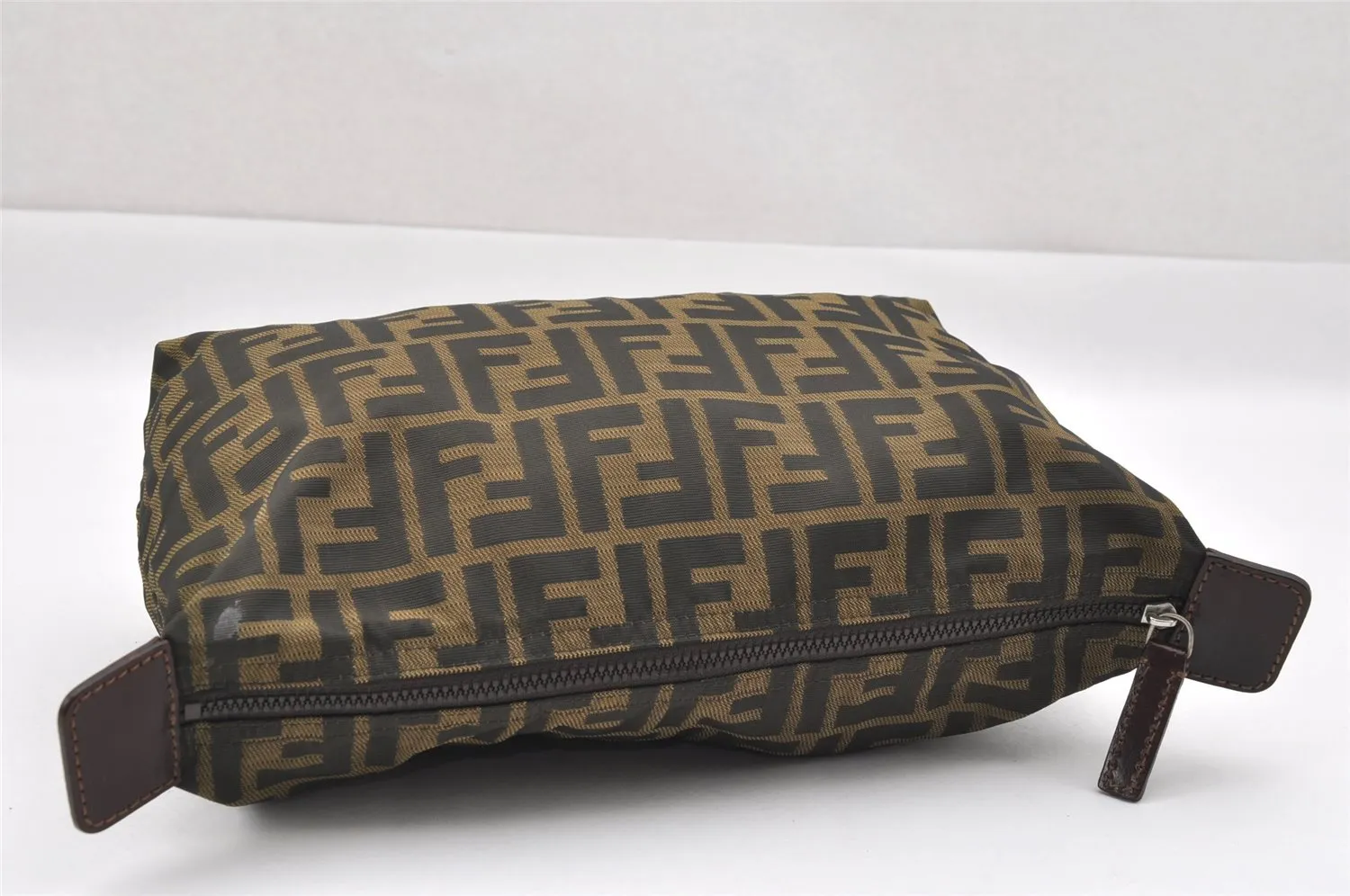 Authentic FENDI Zucca Clutch Hand Bag Purse Nylon Leather Brown Black 6686I