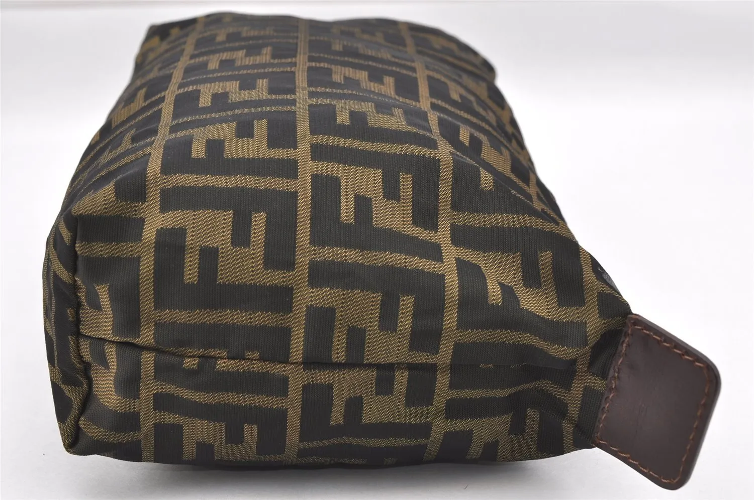Authentic FENDI Zucca Clutch Hand Bag Purse Nylon Leather Brown Black 6686I