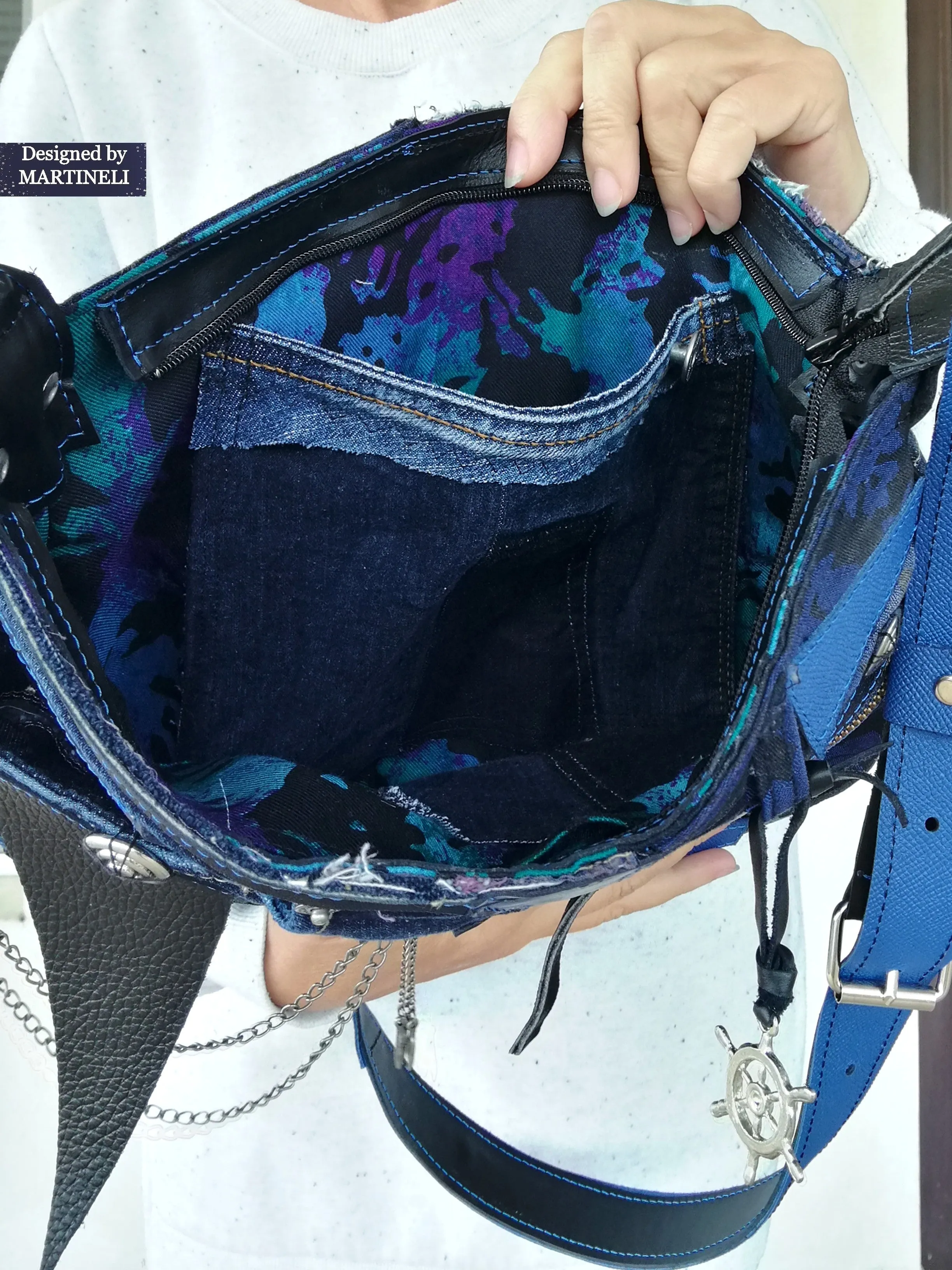 Blue Italian Leather Shoulder Bag Large Denim Crossbody Purse Bag