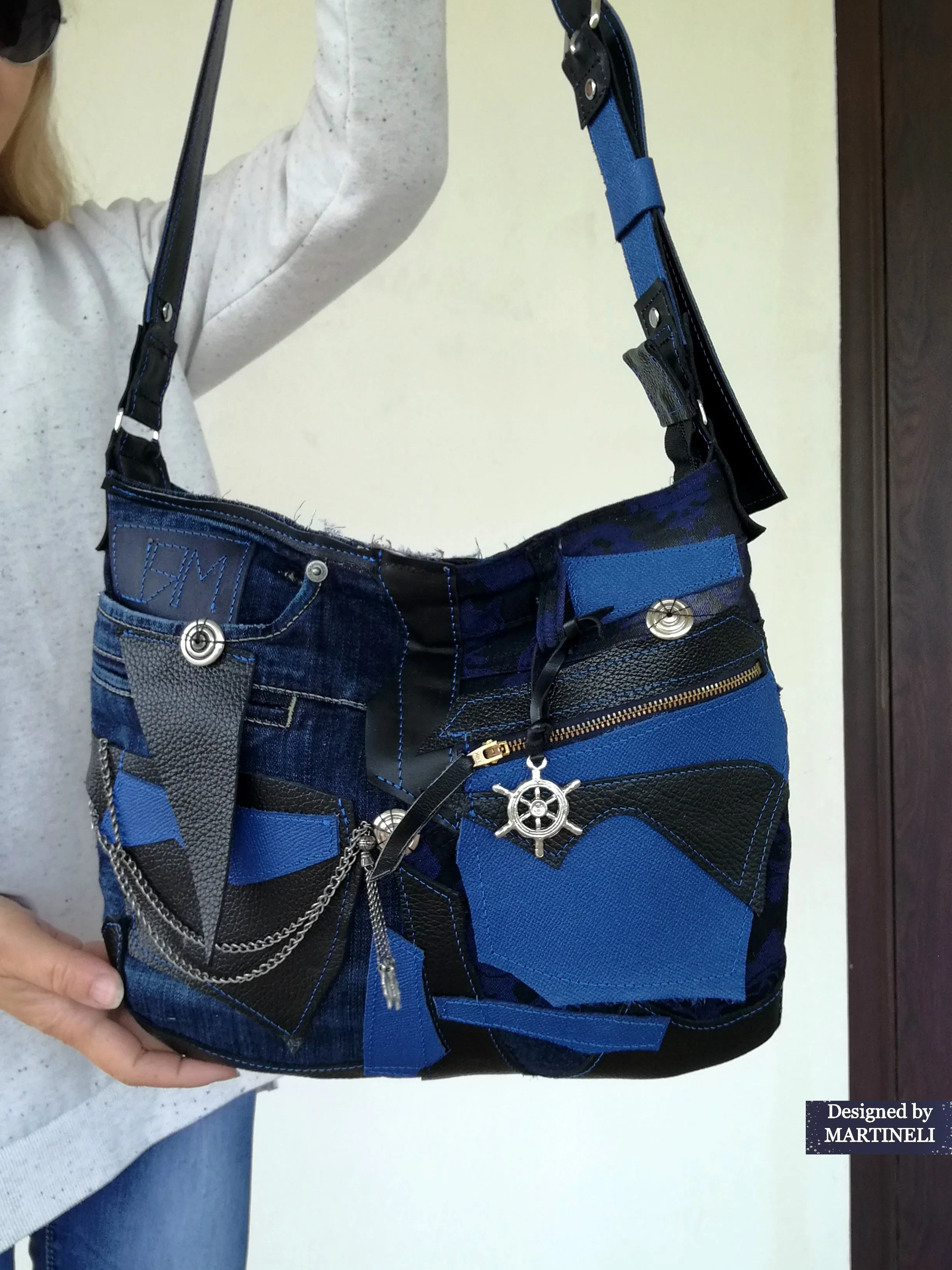 Blue Italian Leather Shoulder Bag Large Denim Crossbody Purse Bag