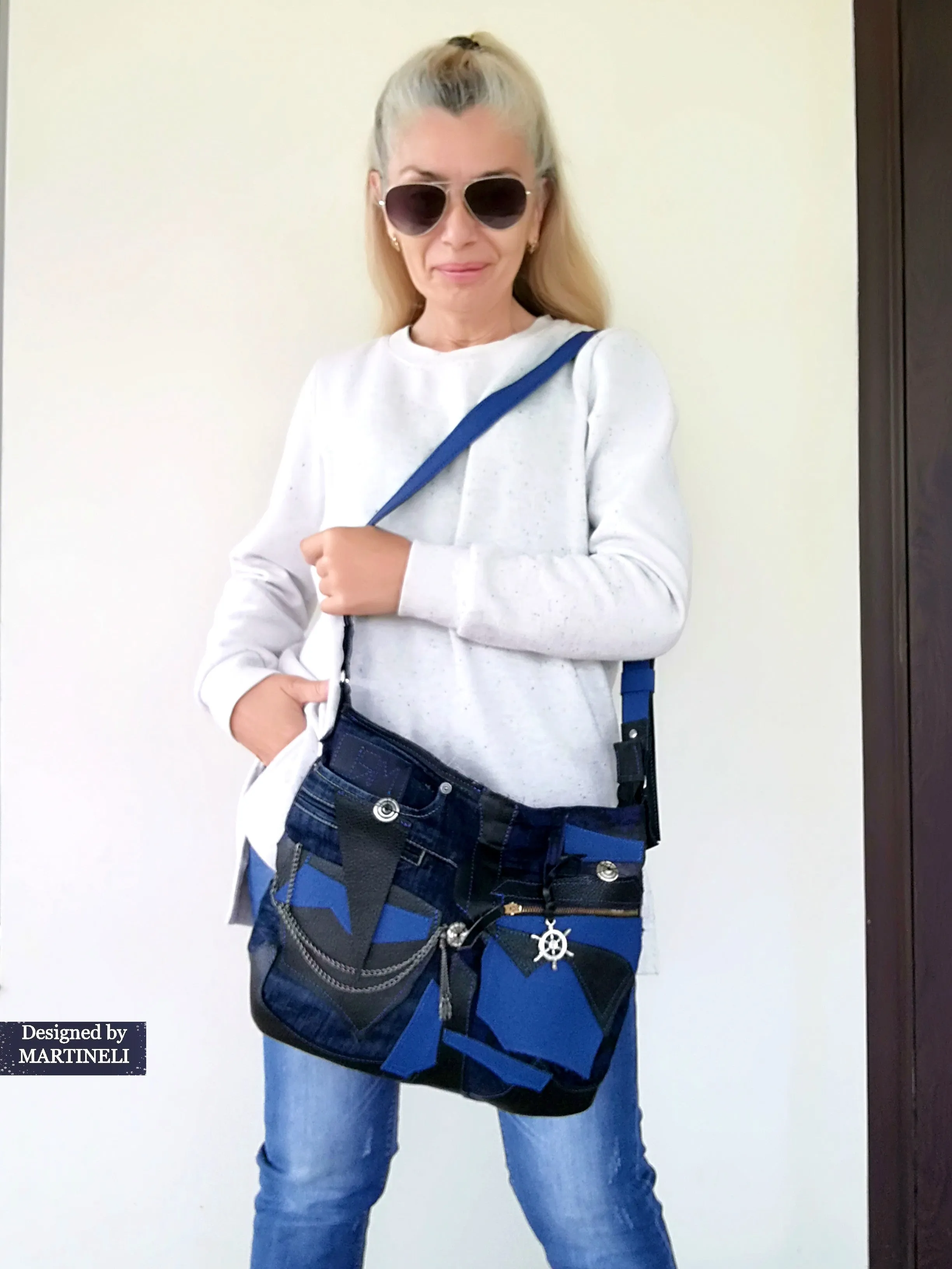 Blue Italian Leather Shoulder Bag Large Denim Crossbody Purse Bag