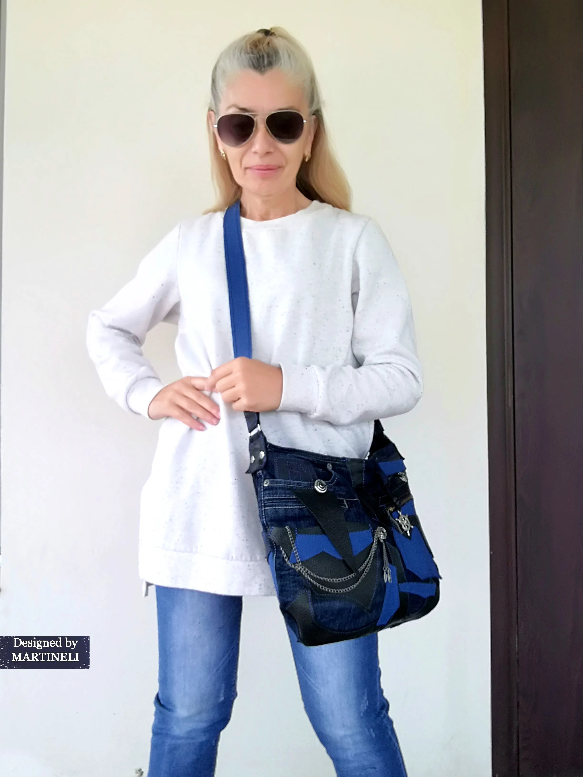 Blue Italian Leather Shoulder Bag Large Denim Crossbody Purse Bag