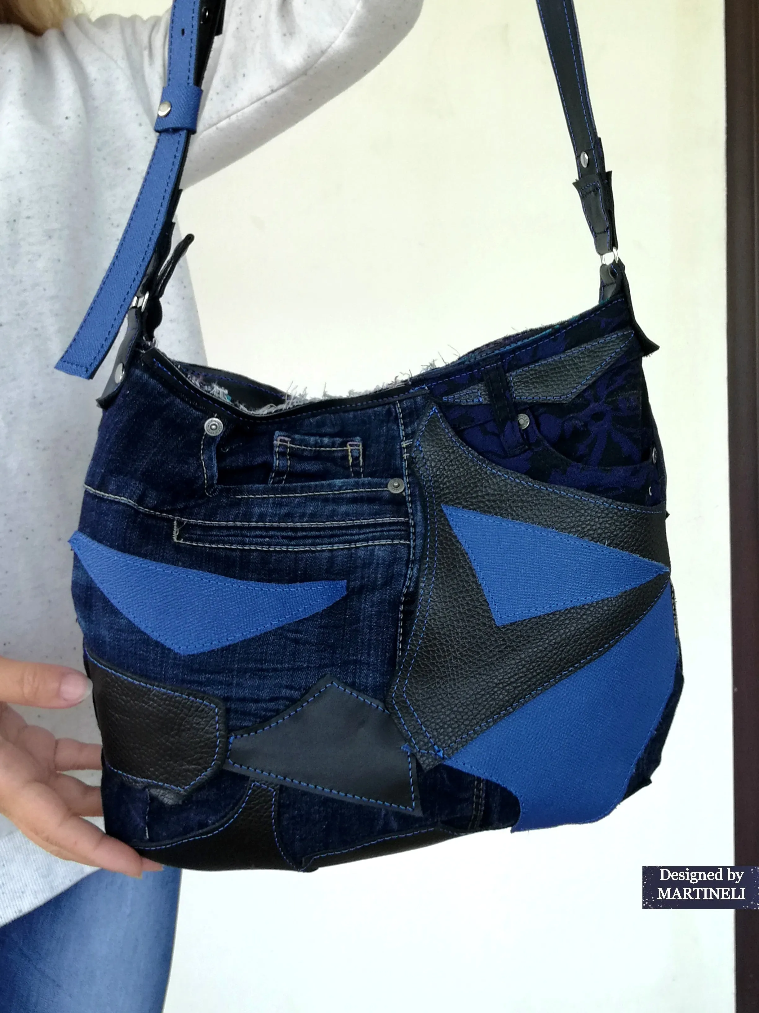 Blue Italian Leather Shoulder Bag Large Denim Crossbody Purse Bag