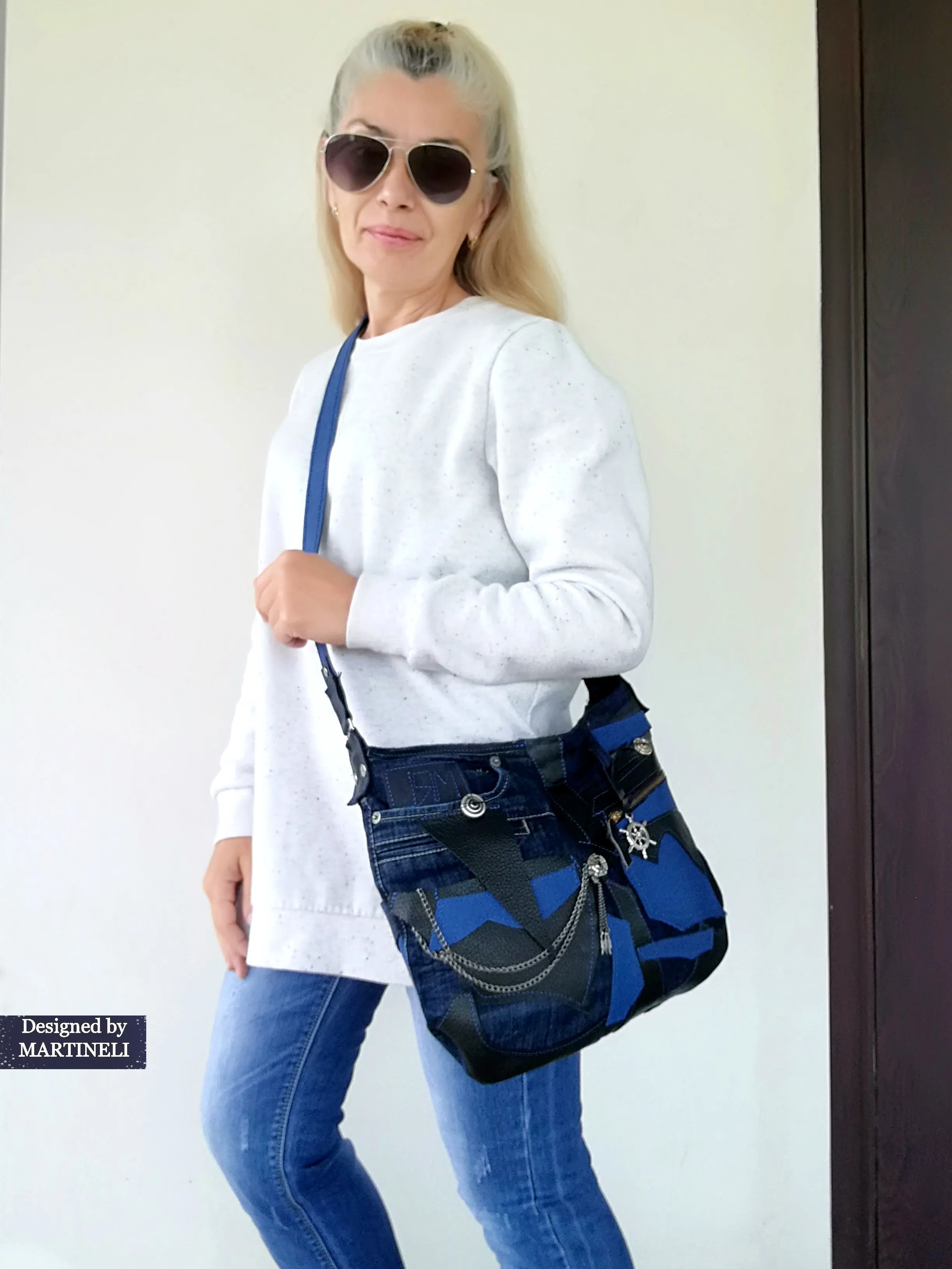Blue Italian Leather Shoulder Bag Large Denim Crossbody Purse Bag