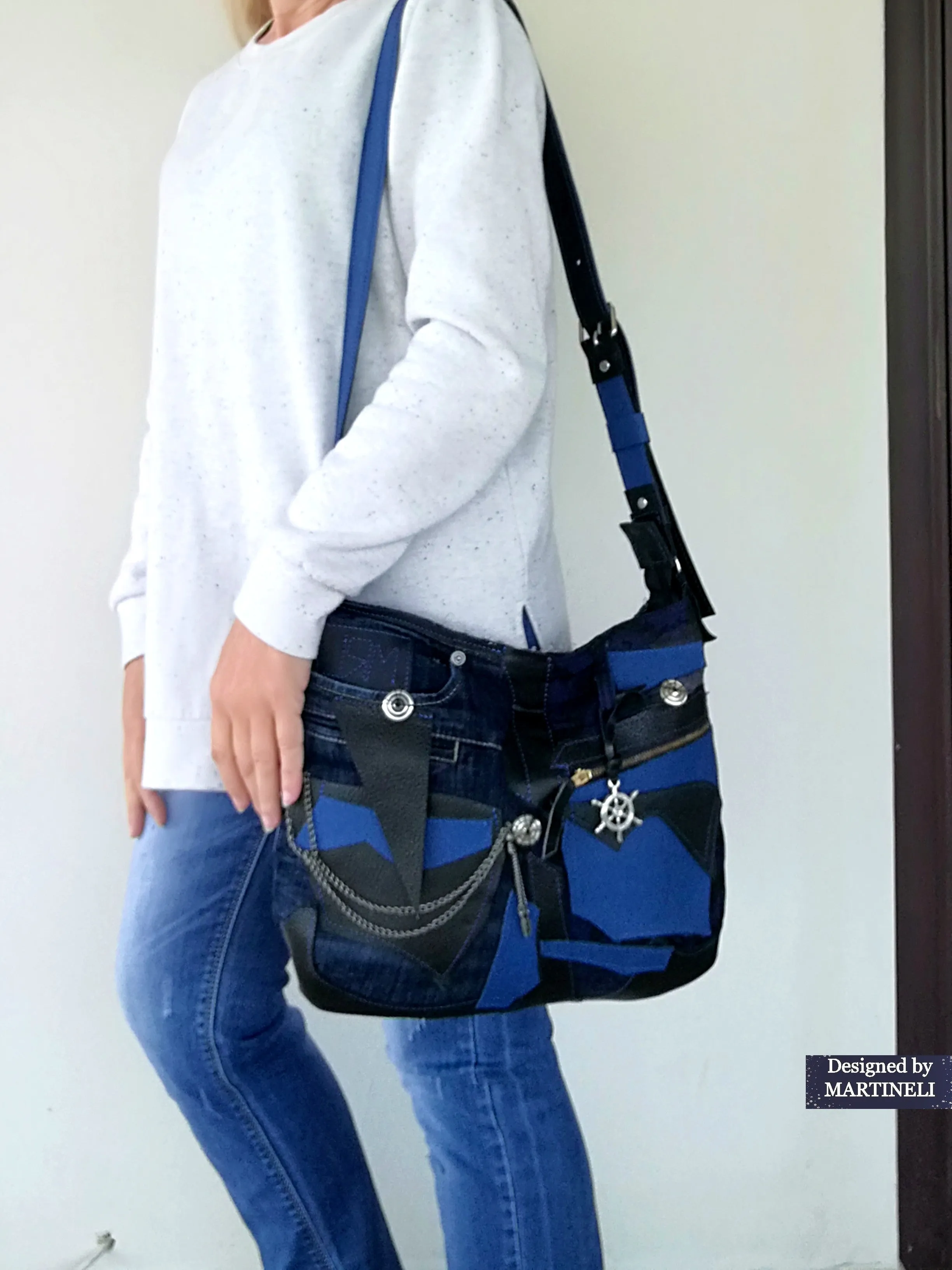 Blue Italian Leather Shoulder Bag Large Denim Crossbody Purse Bag