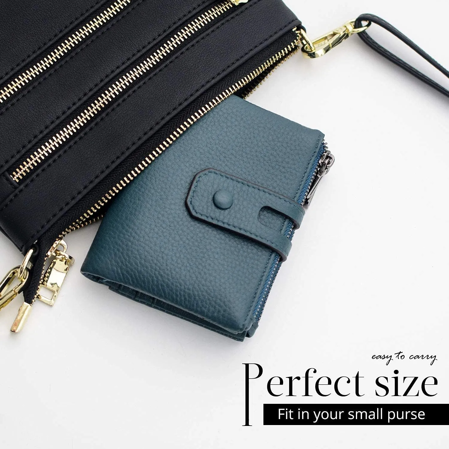 Bveyzi Small Soft Leather Wallet for Women RFID Blocking Ladies Card Holder with Double Zipper Pocket