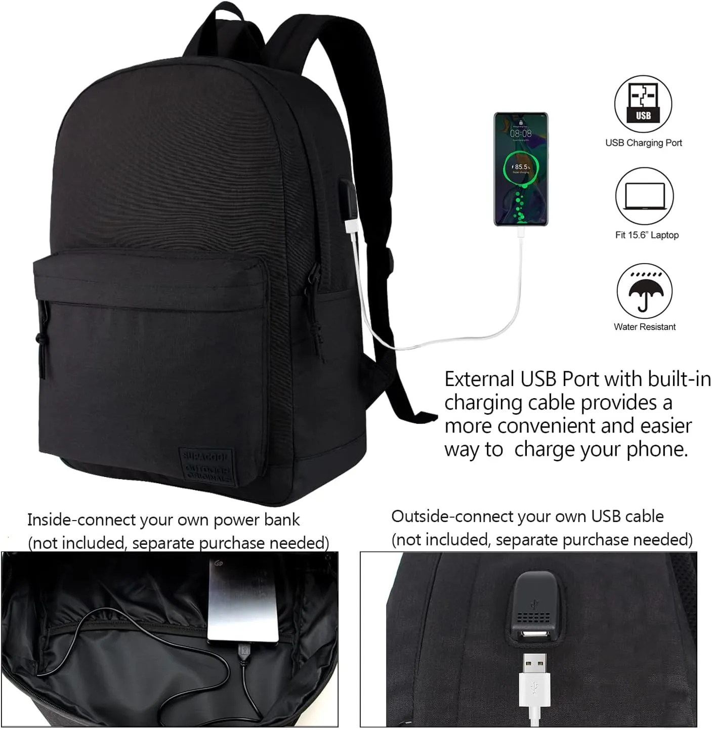 Casual Lightweight Laptop Backpack with Lunch Bag and a Small Bag, USB Charging PortWork backpack for Men and Women, Classic Backpack for College, Hiking Bag, Travel Backpacks(Black Set)