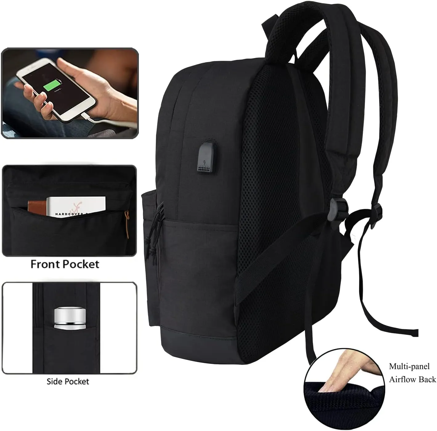Casual Lightweight Laptop Backpack with Lunch Bag and a Small Bag, USB Charging PortWork backpack for Men and Women, Classic Backpack for College, Hiking Bag, Travel Backpacks(Black Set)