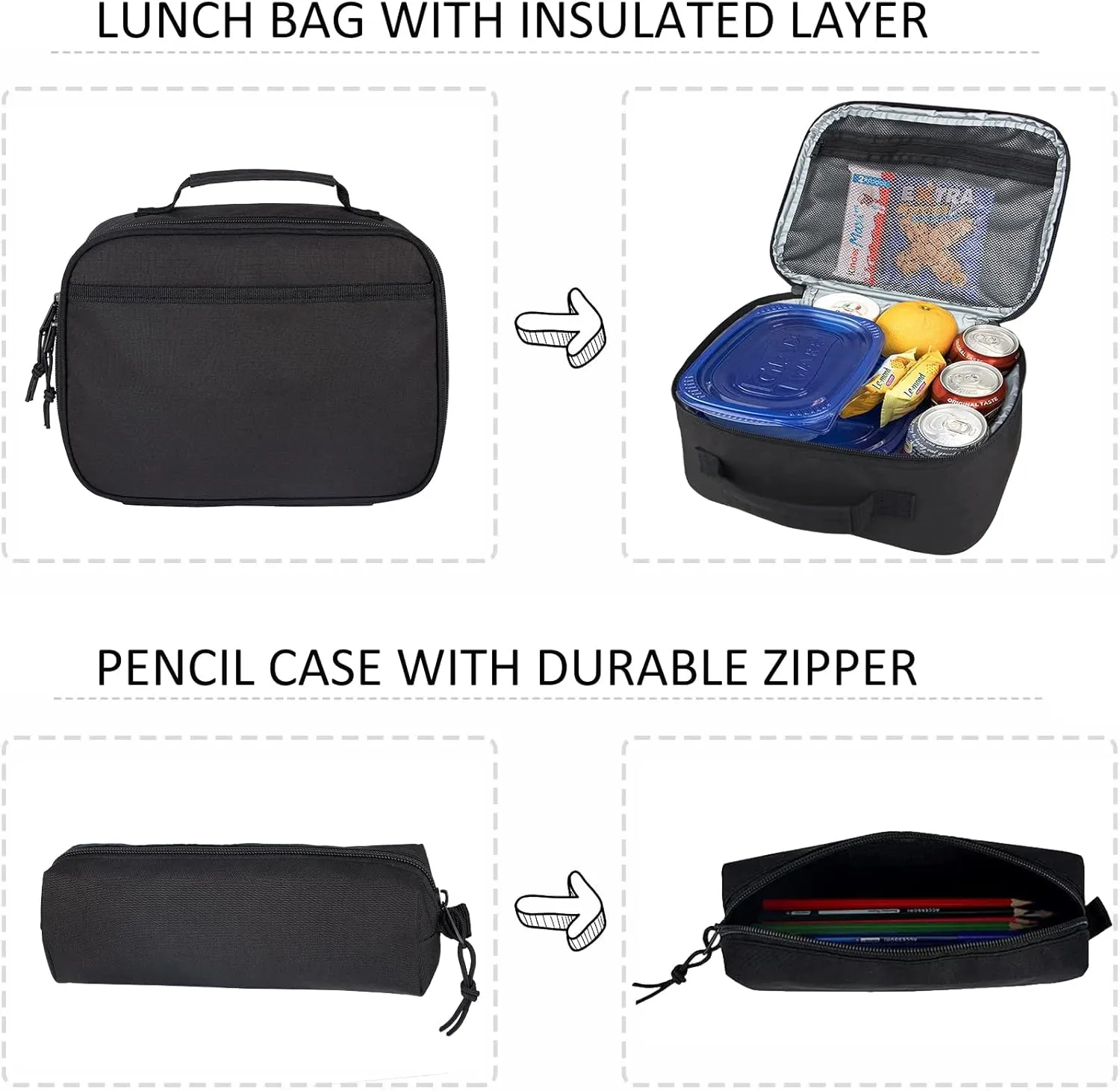 Casual Lightweight Laptop Backpack with Lunch Bag and a Small Bag, USB Charging PortWork backpack for Men and Women, Classic Backpack for College, Hiking Bag, Travel Backpacks(Black Set)