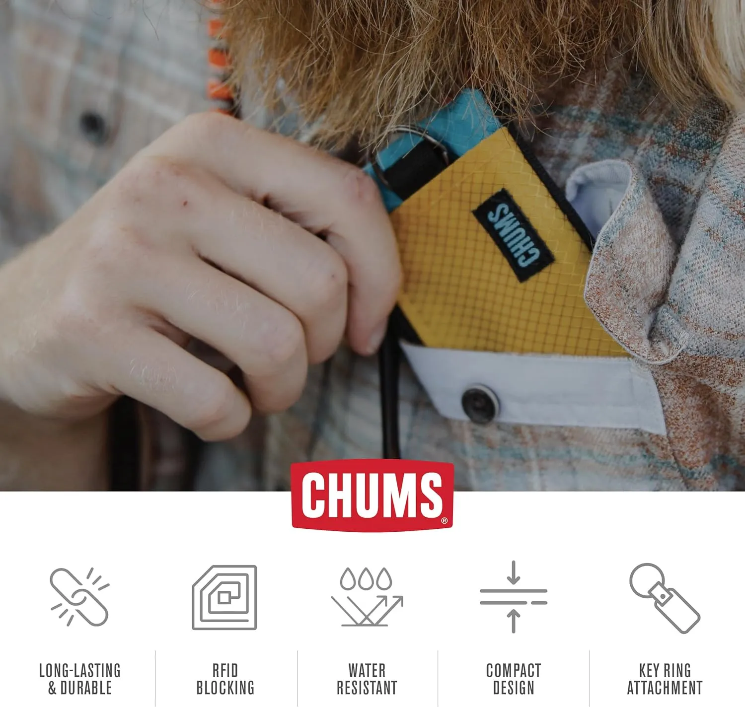 Chums Surfshorts Wallet - Lightweight Zippered Minimalist Wallet with Clear ID Window - Water Resistant with Key Ring