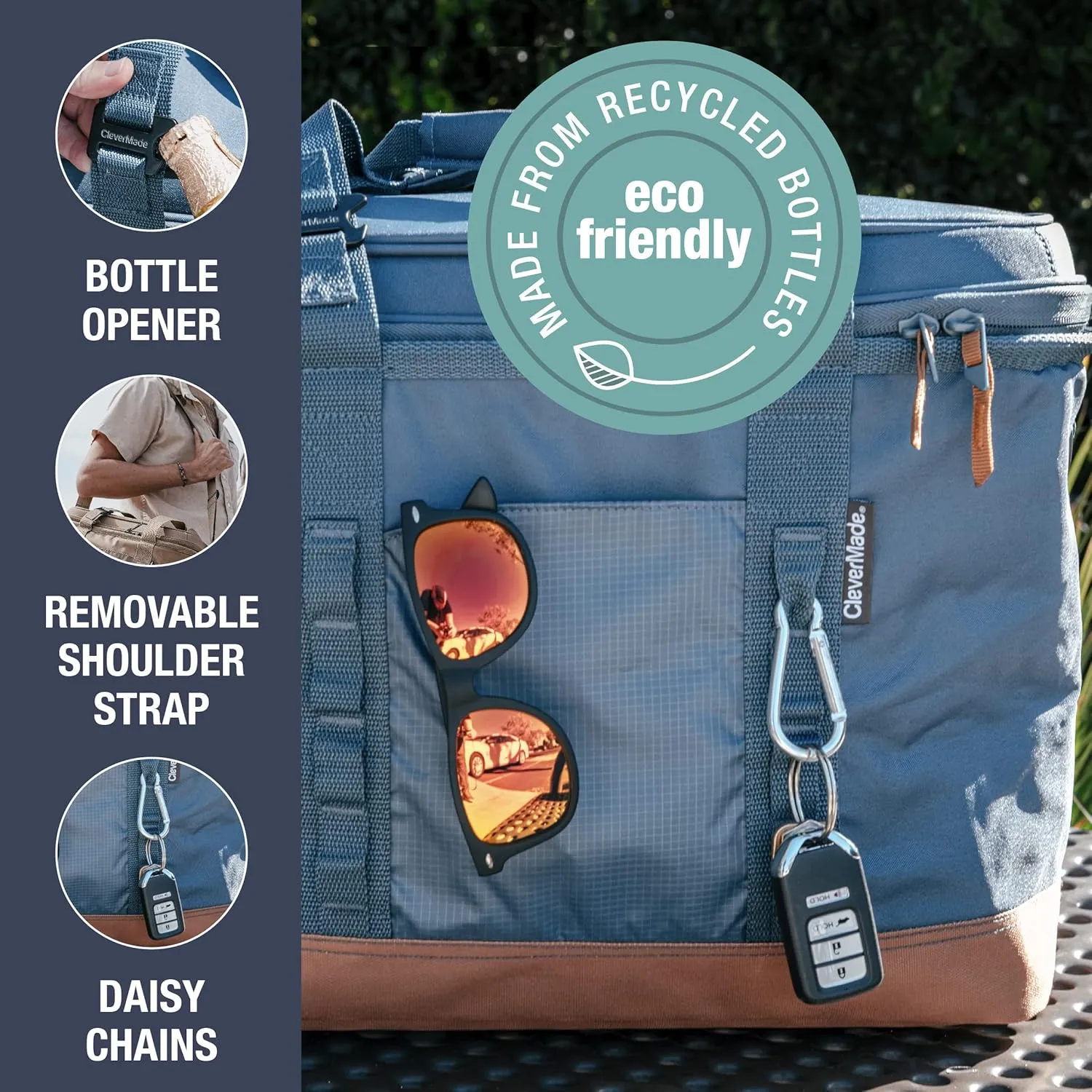 CleverMade Collapsible Insulated Cooler Bag  50 Can Leakproof Soft Cooler for Beach, Travel, Car  Shoulder Strap, Bottle Opener  Ocean