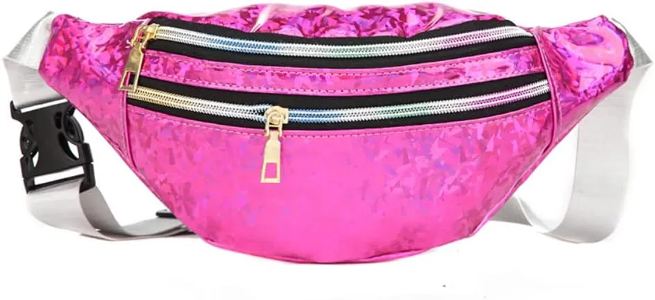 Fanny Pack Waist Bag for Women Beach Travel Sports Running Belt Bags Waterproof Purse Laser PU Chest Bags (Rose)