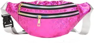 Fanny Pack Waist Bag for Women Beach Travel Sports Running Belt Bags Waterproof Purse Laser PU Chest Bags (Rose)