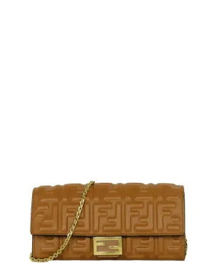Fendi Brown Embossed Logo Baguette Continental Wallet With Chain