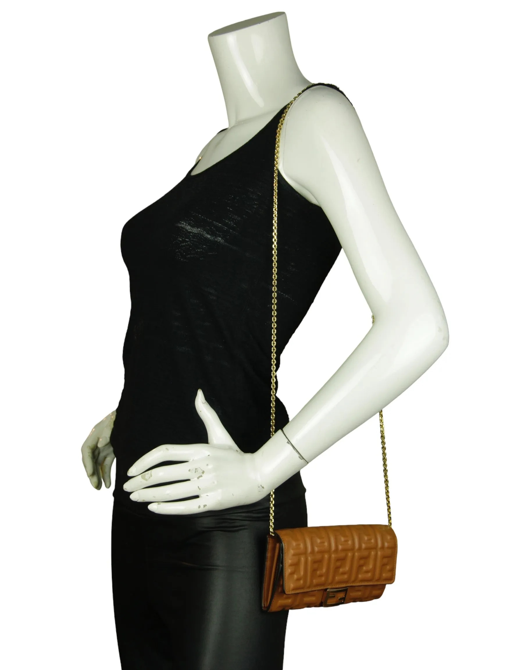 Fendi Brown Embossed Logo Baguette Continental Wallet With Chain