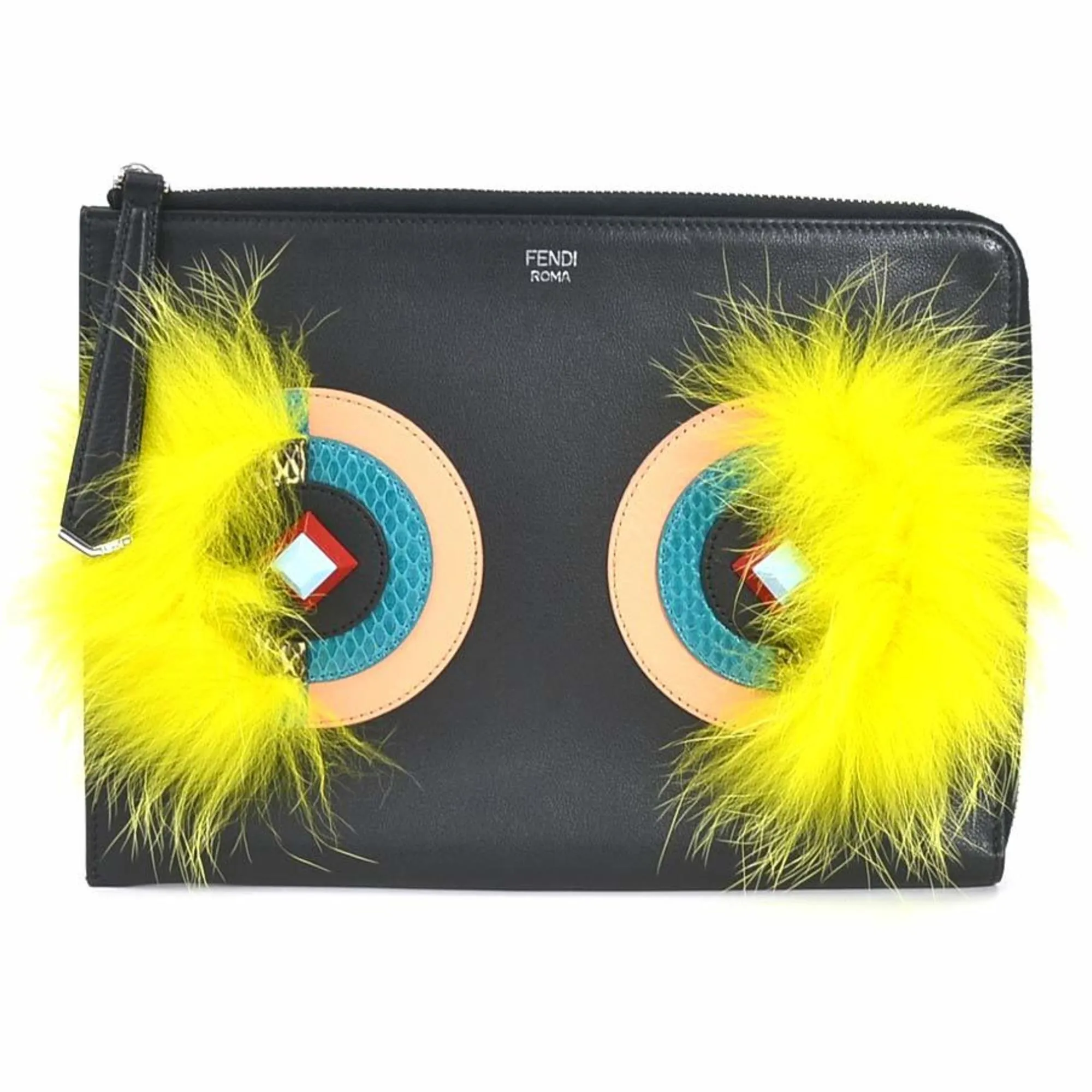 FENDI Clutch Bag Monster Leather/Fur Black/Multicolor Unisex e55994g