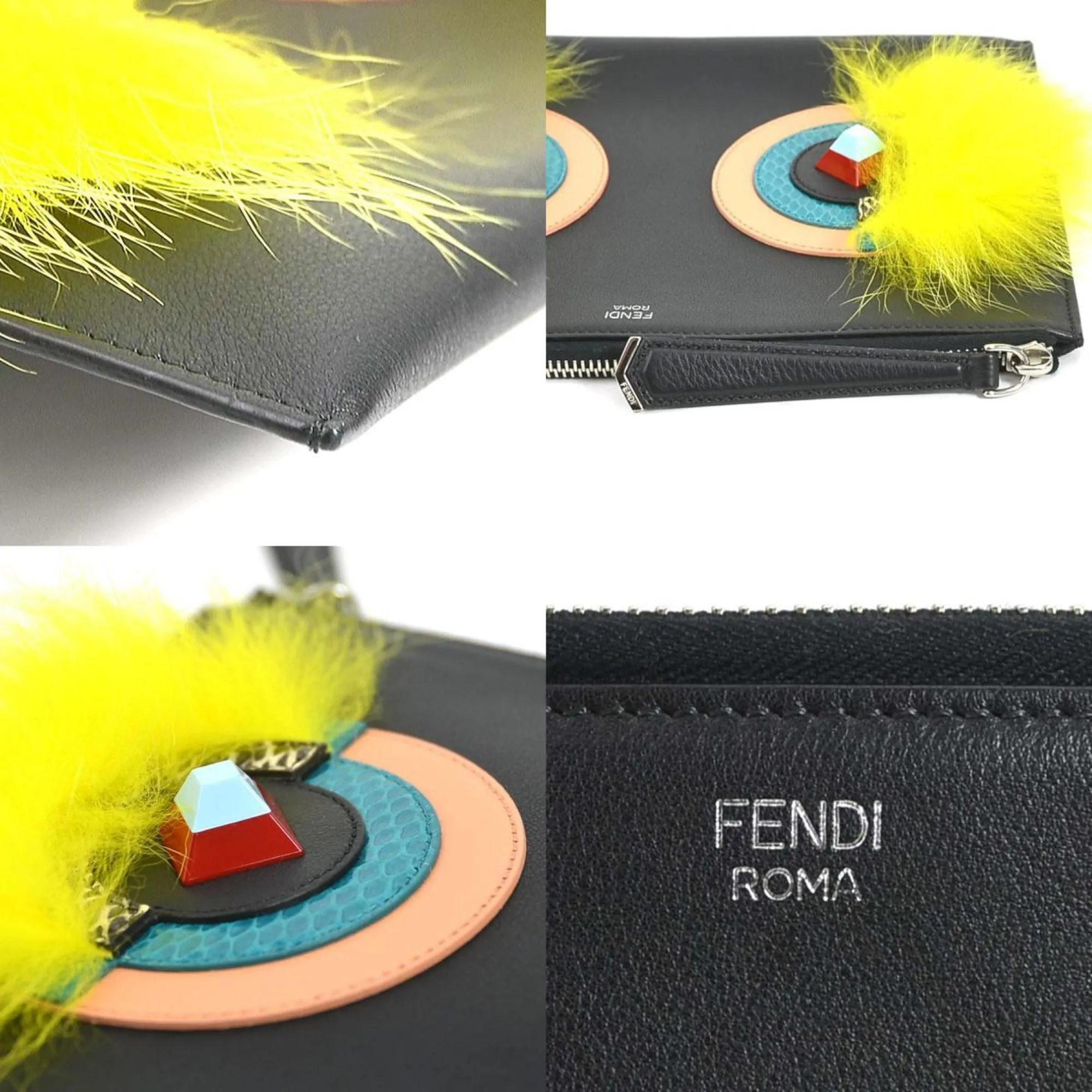 FENDI Clutch Bag Monster Leather/Fur Black/Multicolor Unisex e55994g