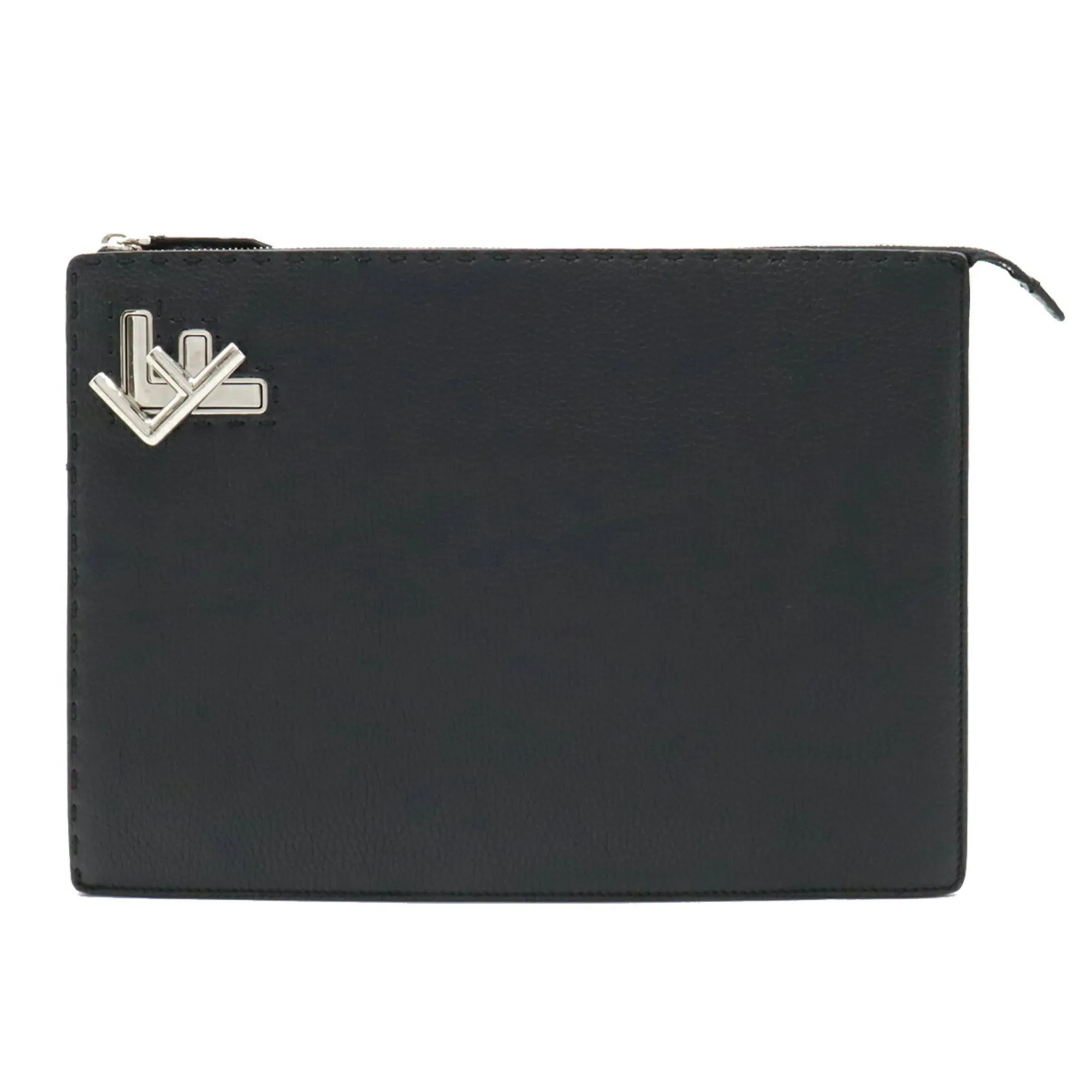 FENDI Selleria Stitch FF Clutch Bag bag Leather Black 7V99