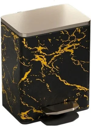 Garbage Can Luxury Marble Patterned Trash Can with Lid,Stainless Steel Step-on Garbage Bin with Soft Close Lid, Foot Pedal and Inner Bucket for Home, Office Trash Bin(Black-gold-9L)
