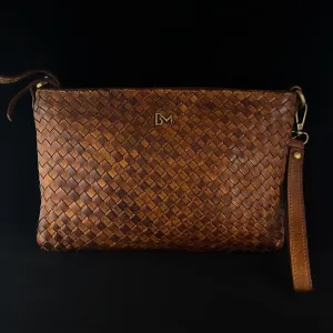 Genuine Italian Leather Handbag - Cognac Brown, Woven Front