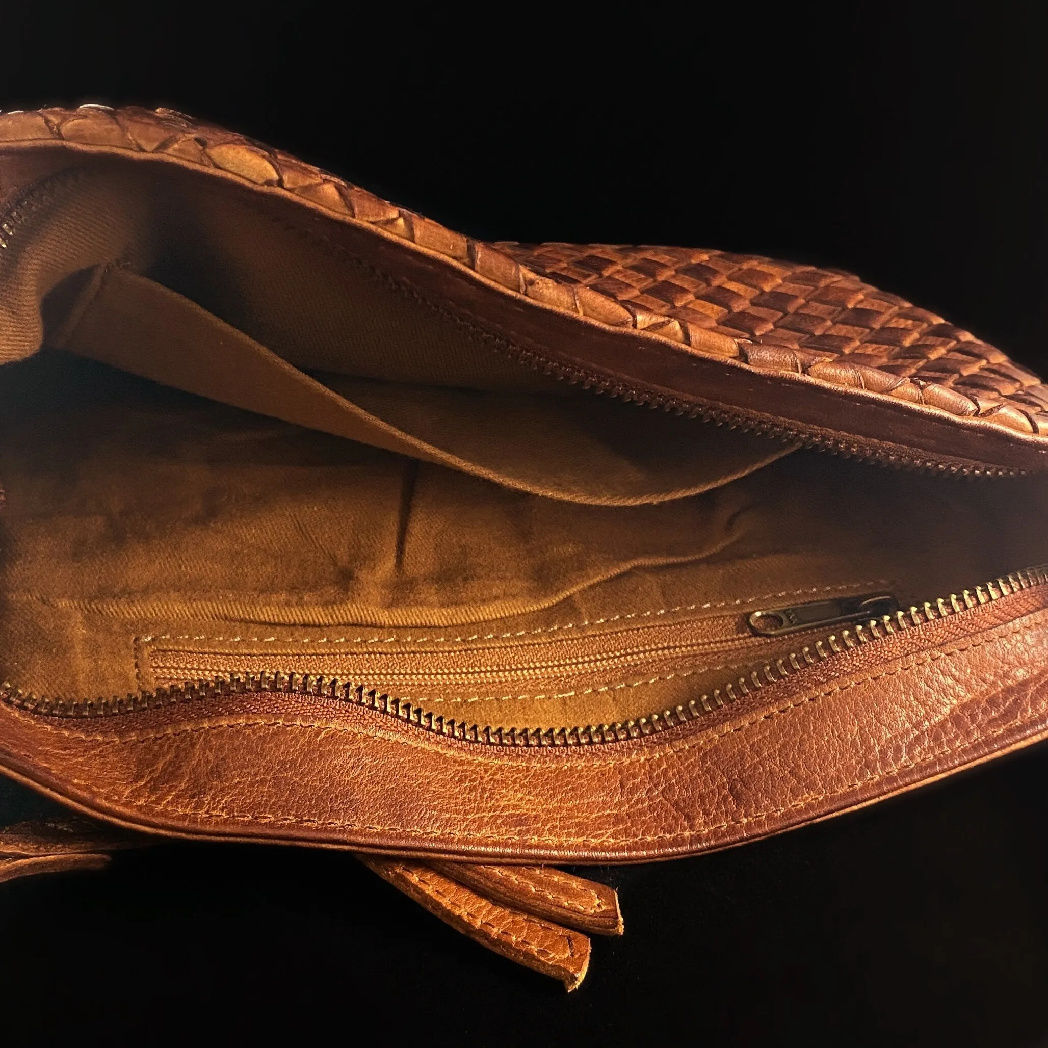 Genuine Italian Leather Handbag - Cognac Brown, Woven Front