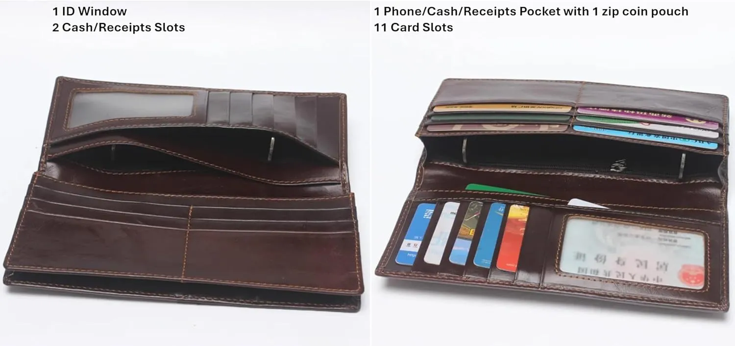 Genuine Leather Bifold Long Wallet for Men, Retro Vintage Embossed Clutch with Zipped Coin purse & Credit card Slots. RFID Blocking. Dragon- Coffee