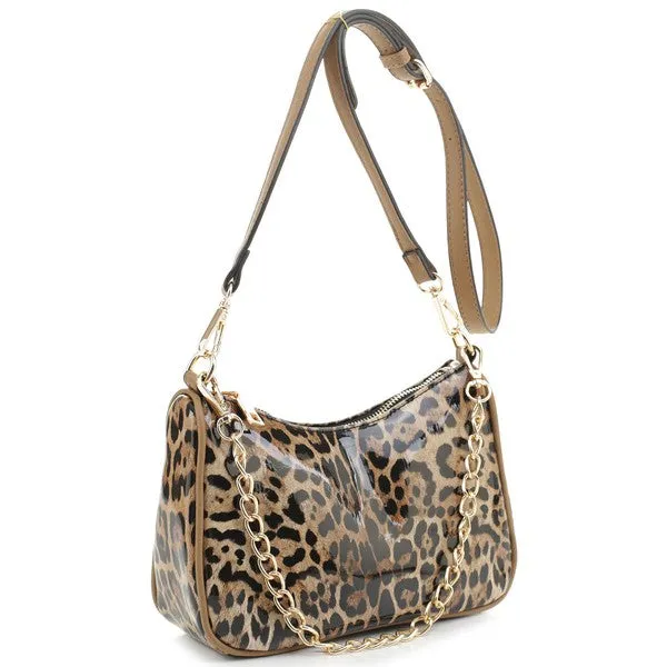Glossy Leopard Chain Link Crossbody Satchel
