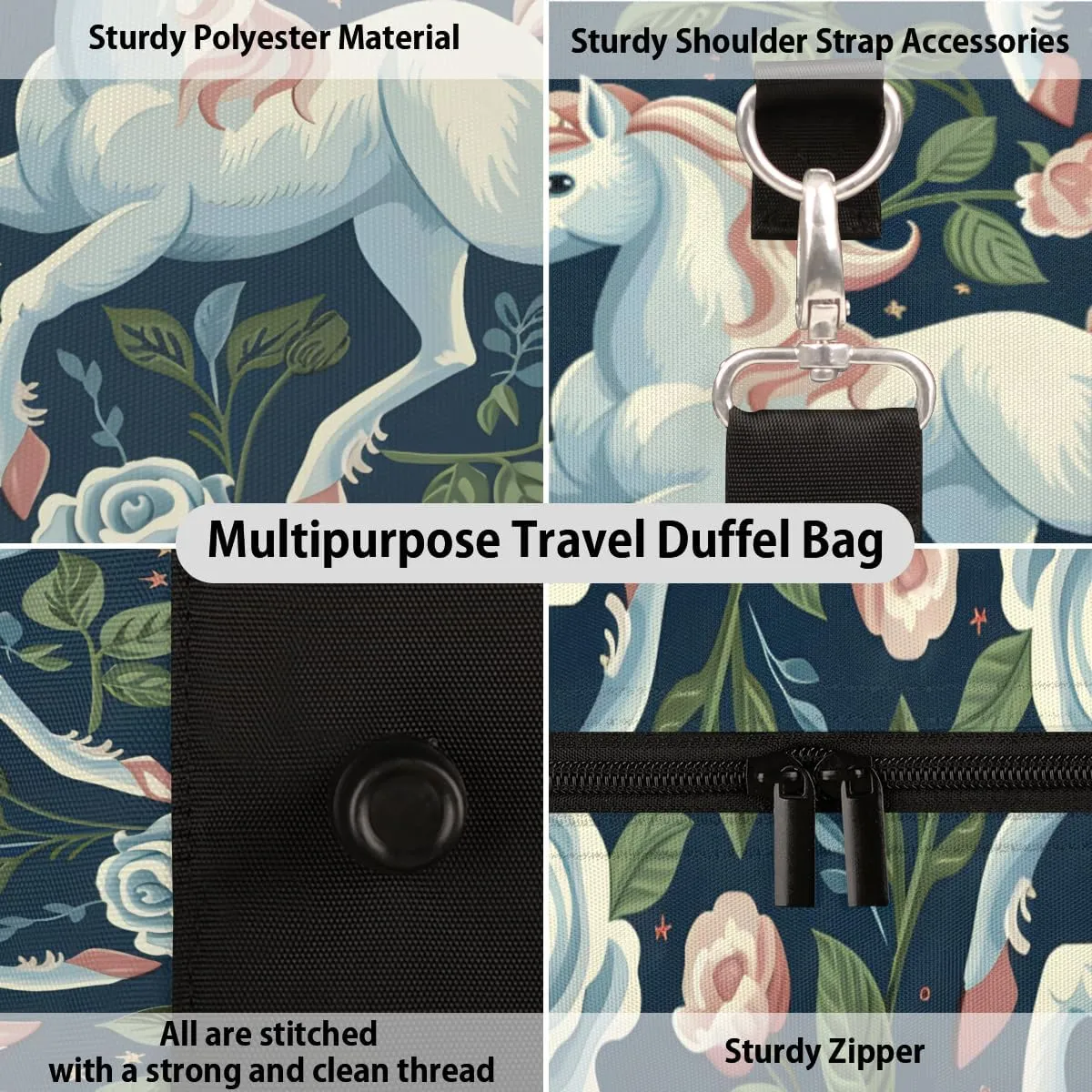 Horse Floral Travel Duffle Bag for Women Men Gym Duffel Foldable Bag Waterproof Weekender Farm Animal Pets Flowers Duffle Tote