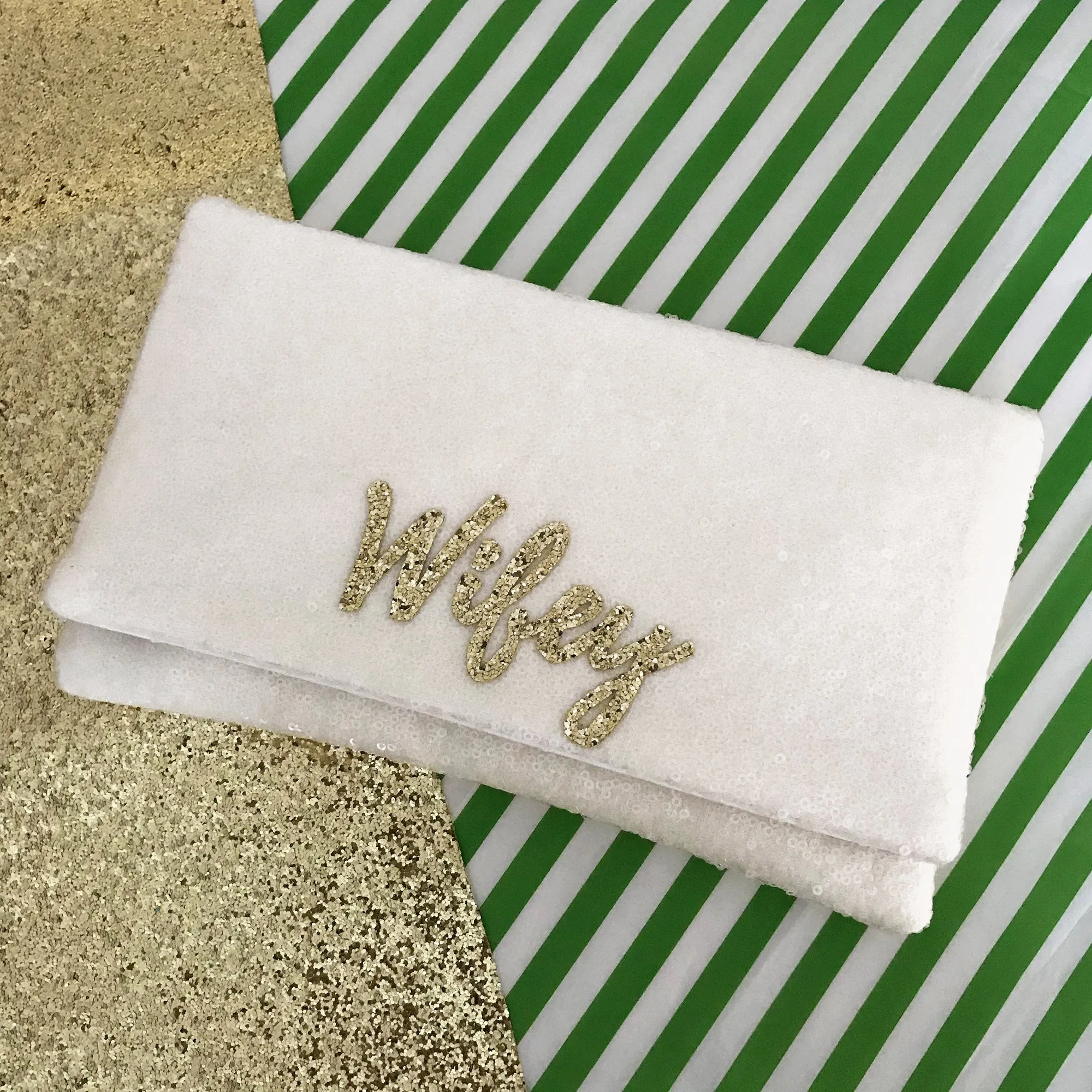 Ivory sequin WIFEY bridal wedding day clutch