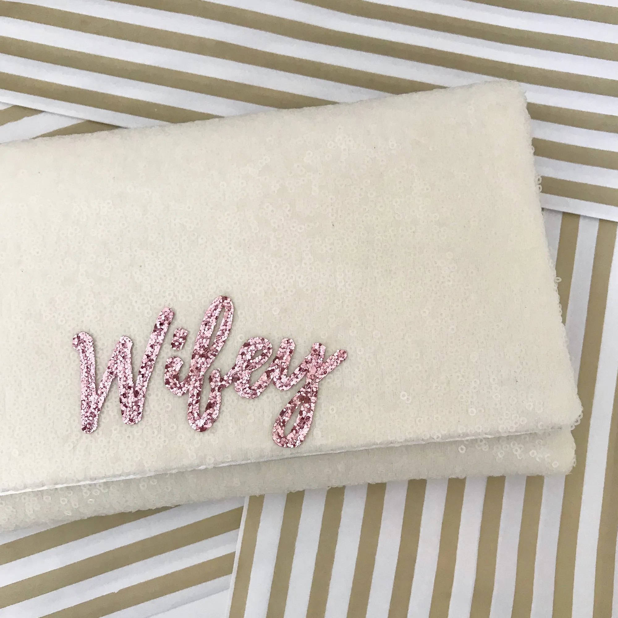 Ivory sequin WIFEY bridal wedding day clutch