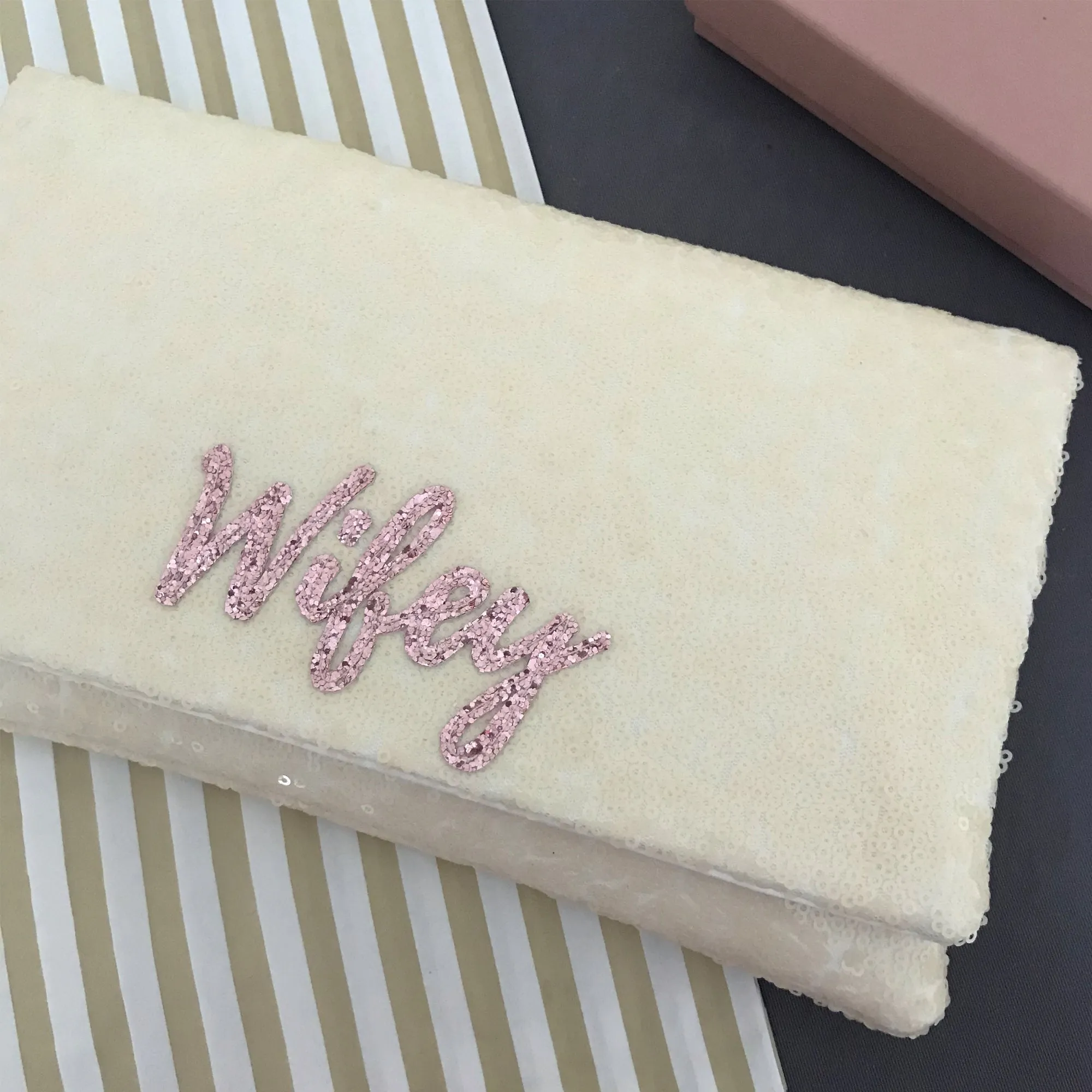 Ivory sequin WIFEY bridal wedding day clutch